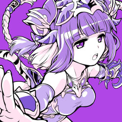 Rule 34 | 1girl, braid, chinese clothes, detached sleeves, double bun, dress, hair ornament, hair tubes, haku (p&amp;d), highres, ishiyumi, long hair, looking at viewer, open mouth, outstretched arms, purple background, purple eyes, purple hair, purple theme, puzzle &amp; dragons, solo, tail, taut clothes, taut dress, tiger tail, twin braids