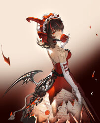 Rule 34 | 1girl, absurdres, apple, arm tattoo, ash-c, back tattoo, black hair, breasts, commentary request, demon horns, demon tail, demon wings, detached collar, dress, elbow gloves, facial tattoo, food, frilled dress, frills, fruit, gloves, hair between eyes, highres, holding, holding food, holding fruit, horns, long hair, lucia: plume (punishing: gray raven), lucia (punishing: gray raven), maid headdress, medium breasts, multicolored hair, official alternate costume, parted bangs, punishing: gray raven, red dress, red eyes, red hair, red horns, red ribbon, ribbon, sidelocks, single horn, streaked hair, tail, tattoo, white gloves, wings