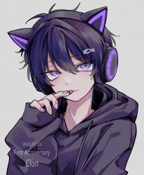 Rule 34 | 1boy, absurdres, animal ears, cat ears, clon, dated, hair between eyes, headphones, highres, hood, hoodie, indie virtual youtuber, jijii (chang g), long sleeves, purple eyes, purple hair, purple hoodie, solo, tongue, tongue out