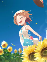 Rule 34 | 1girl, :d, ^ ^, bag, bare arms, bare shoulders, blue sky, blush, breasts, brown hair, brown hat, closed eyes, commentary request, day, dress, facing viewer, flower, forehead, hat, highres, idolmaster, idolmaster cinderella girls, makuran, open mouth, outdoors, parted bangs, petals, round teeth, ryuzaki kaoru, short eyebrows, shoulder bag, sky, sleeveless, sleeveless dress, small breasts, smile, solo, sunflower, teeth, thick eyebrows, transparent, unworn hat, unworn headwear, upper teeth only, white dress, yellow flower