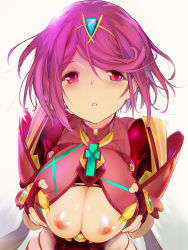 Rule 34 | 1girl, blush, bodysuit, breasts, breasts out, commentary request, fingerless gloves, gloves, hands on own chest, highres, large breasts, looking at viewer, mokomoko yanakku, nintendo, nipples, no bra, parted lips, pink hair, purple eyes, pyra (xenoblade), shiny skin, short hair, simple background, solo, sweat, tiara, torn bodysuit, torn clothes, upper body, xenoblade chronicles (series), xenoblade chronicles 2