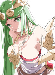 Rule 34 | 1girl, armpits, breast hold, breasts, breasts squeezed together, cleavage, green eyes, green hair, headdress, highres, jewelry, kid icarus, large breasts, long hair, looking at viewer, nintendo, palutena, smile, solo, tomas (kaosu22)