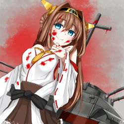 Rule 34 | 1girl, bad id, bad pixiv id, blood, blood on clothes, blood splatter, detached sleeves, double bun, hair intakes, hair ornament, hairband, headgear, highres, japanese clothes, kantai collection, kento1102, kongou (kancolle), long hair, long sleeves, parody, personification, ribbon-trimmed sleeves, ribbon trim, school days, smile, solo, wide sleeves, yandere, yandere trance