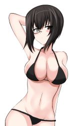 Rule 34 | 1girl, absurdres, aikir (jml5160), arm behind back, arm behind head, arm up, bikini, black-framed eyewear, black bikini, black eyes, black hair, blush, bob cut, breasts, cleavage, closed mouth, commentary, cowboy shot, frown, girls und panzer, glaring, halterneck, highres, kawashima momo, large breasts, looking at viewer, monocle, navel, semi-rimless eyewear, short hair, simple background, solo, standing, string bikini, swimsuit, under-rim eyewear, white background