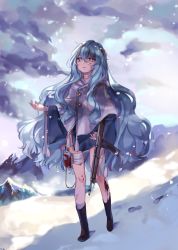 Rule 34 | 1girl, absurdres, android, bandaged leg, bandaged neck, bandages, blood, blood bag, blood on face, blue dress, blue eyes, boots, buttons, cloud, cloudy sky, double-breasted, dress, footprints, girls&#039; frontline, gun, hair between eyes, hands up, highres, injury, intravenous drip, long hair, mountain, ribeyrolles (girls&#039; frontline), rifle, shan, silver hair, sky, snowing, solo, tassel, very long hair, wavy hair, weapon