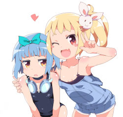 Rule 34 | 2girls, ;d, arm around shoulder, blonde hair, blue hair, blunt bangs, blush, blush stickers, brown eyes, d:, fang, goggles, goggles around neck, hair ornament, leaning forward, multiple girls, one-piece swimsuit, one eye closed, open mouth, original, overalls, rabbit hair ornament, sasago kaze, school swimsuit, side ponytail, sidelocks, simple background, smile, strap slip, swimsuit, v