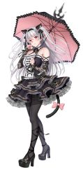 Rule 34 | 1girl, absurdres, animal ears, bad id, bad pixiv id, bare shoulders, black dress, black pantyhose, breasts, cat ears, cat tail, detached sleeves, dress, full body, gothic lolita, harajuku mimi, high heels, highres, large breasts, lolita fashion, long hair, official art, pantyhose, parasol, re:shimashima, red eyes, silver hair, simple background, smile, solo, tail, tokyo exe girls, two side up, umbrella, white background