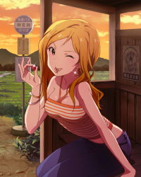 Rule 34 | 10s, ;p, bracelet, brown eyes, brown hair, bus stop, cherry, cherry stem knot, drop earrings, earrings, food, fruit, idolmaster, idolmaster million live!, jewelry, long hair, looking at viewer, momose rio, official art, one eye closed, solo, sunset, tongue, tongue out