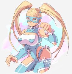 Rule 34 | 1girl, bare shoulders, blonde hair, blue eyes, breasts, heart, large breasts, leotard, long hair, mask, osanpogakari, rainbow mika, street fighter, twintails, wrestling outfit
