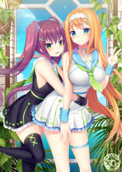 Rule 34 | 2girls, :d, armpit crease, bare shoulders, black dress, black legwear, blue eyes, blue sky, blush, breasts, brown hair, day, dress, fang, green eyes, hair ornament, hairclip, hug, indoors, large breasts, long hair, looking at viewer, matatabi maru, multiple girls, necktie, open mouth, orange hair, original, plant, sailor collar, sailor dress, sky, small breasts, smile, standing, thigh strap, thighhighs, twintails, very long hair, white dress, window, wrist cuffs, wristband, x hair ornament