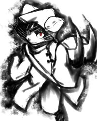 Rule 34 | 1boy, animal ears, arc system works, blazblue, cat, cat ears, claws, eyepatch, furry, furry male, greyscale, jubei (blazblue), male focus, monochrome, red eyes, solo, spot color, whiskers