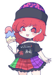 Rule 34 | 1girl, black shirt, blush stickers, chahan (fried rice0614), closed mouth, clothes writing, cowboy shot, food, frilled skirt, frills, hecatia lapislazuli, highres, holding, holding food, ice cream, multicolored clothes, multicolored skirt, off-shoulder shirt, off shoulder, red eyes, red hair, shirt, short hair, short sleeves, simple background, skirt, smile, solo, tongue, tongue out, touhou, white background