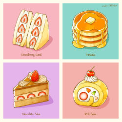 Rule 34 | absurdres, butter, cake, cake slice, cherry, chocolate cake, food, food focus, fruit, fruit sandwich, highres, laia alkaloid, maple syrup, no humans, original, pancake, pancake stack, pastry, sandwich, strawberry, swiss roll, whipped cream