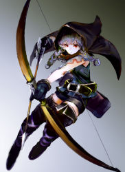 Rule 34 | 1girl, alternate color, arrow (projectile), belt, bike shorts, boots, bow (weapon), braid, cape, dragon&#039;s crown, elf, elf (dragon&#039;s crown), gloves, highres, hood, pointy ears, red eyes, silver hair, so-bin, solo, thigh boots, thighhighs, tunic, twin braids, weapon