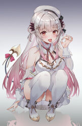 Rule 34 | 1girl, absurdres, bare shoulders, blush, breasts, cleavage, demon girl, demon tail, detached collar, detached sleeves, dress, fellatio gesture, grey hair, hair bun, hair ornament, hairclip, highres, indie virtual youtuber, large breasts, long hair, long sleeves, looking at viewer, multicolored hair, open mouth, orange eyes, panties, pantyshot, pink hair, pukara, red eyes, simple background, skirt, solo, suou patra, tail, thighhighs, tongue, tongue out, underwear, virtual youtuber, white dress, white footwear, white headwear, white panties, white thighhighs
