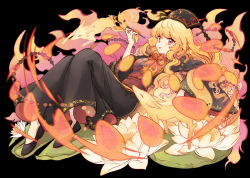 Rule 34 | 1girl, black dress, blonde hair, chinese clothes, dress, energy, fire, flower, fox, fox tail, hat, holding, holding smoking pipe, junko (touhou), long hair, long sleeves, lotus, multiple tails, red eyes, ribbon, sash, siam (meow13), smile, smoking pipe, solo, tabard, tail, touhou, very long hair, wide sleeves