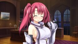 Rule 34 | 1girl, ^ ^, armored gloves, atelier-moo, bare shoulders, blush, breasts, closed eyes, closed mouth, curtained hair, detached sleeves, hair between eyes, highres, indoors, large breasts, long hair, looking at viewer, red hair, side ponytail, sideboob, smile, solo, spica celest, standing, upper body, wizards symphony