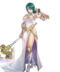 Rule 34 | 1girl, armpits, artist request, axe, battle axe, boots, braid, breasts, bridal gauntlets, character request, circlet, cleavage, closed mouth, dress, female focus, fire emblem, fire emblem heroes, full body, green hair, hand up, high heel boots, high heels, highres, holding, holding axe, holding weapon, jewelry, large breasts, lips, long hair, long sleeves, looking at viewer, nintendo, official art, side slit, single braid, smile, solo, standing, striped, thighs, thorr (fire emblem), transparent background, vertical stripes, weapon, white dress, white footwear, yellow eyes