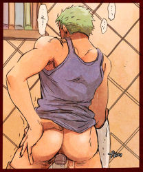 Rule 34 | 1boy, anal, artist request, ass, ass juice, bottomless, dildo, green hair, looking away, male focus, male penetrated, masturbation, muscular, one piece, roronoa zoro, sex toy, solo, tagme