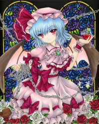 Rule 34 | 1girl, bat wings, blue hair, chain, chirori, dress, female focus, flower, glass, hat, red eyes, red flower, red rose, remilia scarlet, rose, shikishi, short hair, solo, touhou, traditional media, white flower, white rose, wings, wrist cuffs