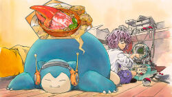 Rule 34 | 1girl, bed, black-framed eyewear, bowl, box, brown footwear, claws, coat, commentary, crab claw, creatures (company), earphones, fangs, food, game freak, gen 1 pokemon, glasses, grey shirt, highres, interior, kuwabara taku, lab coat, loafers, looking at another, lying, messy hair, mushroom, necktie, nintendo, official art, on stomach, open box, plate, pointing, poke ball, poke ball (basic), pokemon, pokemon (creature), promotional art, purple eyes, purple hair, purple necktie, purple shorts, school uniform, shirt, shoes, shorts, sleeping, smile, snorlax, thought bubble, uva academy school uniform, white coat, wooden floor