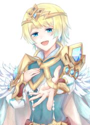 Rule 34 | 1girl, blonde hair, blue eyes, earrings, feather trim, fire emblem, fire emblem heroes, fjorm (fire emblem), hand on own chest, highres, jewelry, looking at viewer, nintendo, open hand, open mouth, reaching, reaching towards viewer, short hair, smile, solo, sturm fe k11, tiara