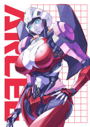 Rule 34 | 1girl, arcee, autobot, blue eyes, breasts, character name, cleavage, ema (emaura), hand on own hip, head tilt, large breasts, looking at viewer, mecha, parted lips, piston, robot, solo, transformers, transformers: rise of the beasts, transformers (live action)