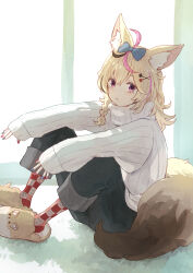 Rule 34 | 1girl, absurdres, animal ear fluff, animal ears, animal slippers, blonde hair, blue nails, bow, braid, carpet, denim, dot nose, fingernails, fox ears, fox girl, fox tail, hair bow, hair ornament, hairpin, heart, heart hair ornament, highres, hololive, indoors, jeans, looking at viewer, makeup, multicolored hair, nail polish, omaru polka, on floor, pants, pants rolled up, pink eyes, pink hair, pink nails, ribbed sweater, single braid, slippers, socks, solo, spade hair ornament, sparkle, streaked hair, sunlight, sweater, tail, turtleneck, turtleneck sweater, two-tone hair, virtual youtuber, white sweater, window, yami ara