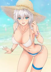 Rule 34 | 1girl, alternate costume, ass, bare shoulders, beach, bikini, blue eyes, breasts, cleavage, commentary request, contemporary, cowboy shot, day, gluteal fold, graphite (medium), hair between eyes, hair down, hat, highres, izayoi sakuya, large breasts, layered bikini, looking at viewer, mechanical pencil, mickey dunn, midriff, navel, navel piercing, o-ring, o-ring bikini, o-ring top, open mouth, pencil, piercing, sand, short hair, sideboob, silver hair, skindentation, solo, stomach, straw hat, swimsuit, thigh strap, thighs, touhou, traditional media, water, white bikini