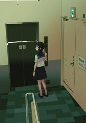 Rule 34 | 1girl, amemori sayo, black eyes, black hair, blue sailor collar, blue skirt, braid, closed mouth, door, dot mouth, elevator, exit sign, expressionless, film grain, from behind, full body, hair over shoulder, hand up, highres, index finger raised, indoors, loafers, looking at viewer, looking back, nijisanji, nkymyura, pleated skirt, romaji commentary, sailor collar, school uniform, serafuku, shirt, shoes, short sleeves, skirt, socks, solo, stairs, stairwell, summer uniform, swept bangs, tile floor, tiles, virtual youtuber, watch, white shirt, white socks, wristwatch