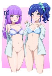 Rule 34 | 2girls, acchi (koiyimknp), aikatsu!, aikatsu! (series), arms behind back, bare shoulders, blue bra, blue eyes, blue hair, blue ribbon, blue shirt, blunt bangs, blush, bottomless, bow, bow bra, bra, breasts, cleavage, cleft of venus, closed mouth, collarbone, cropped legs, frilled bra, frills, hair ornament, hair ribbon, hair scrunchie, hand on own chest, hands up, heart, highres, hikami sumire, kiriya aoi, long hair, long sleeves, looking at viewer, medium breasts, multiple girls, navel, no panties, nude filter, off shoulder, open clothes, open shirt, parted lips, pink background, purple eyes, purple hair, pussy, ribbon, ribbon bra, scrunchie, shirt, sidelocks, simple background, sleeves past wrists, smile, stomach, straight hair, striped bra, striped clothes, sweatdrop, swept bangs, thighs, third-party edit, underwear, white bra