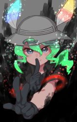 Rule 34 | 1girl, bad id, bad twitter id, black background, black eyes, black gloves, black shirt, commentary request, eyes visible through hair, finger to mouth, gesture, gloves, green hair, hair between eyes, hat, hat feather, highres, kaban (kemono friends), kemono friends, long hair, looking at viewer, notora, ponytail, shirt, short sleeves, shushing, slit pupils, smile, solo, spoilers, w