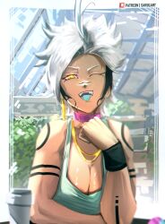 Rule 34 | 1girl, ahoge, artist name, asymmetrical hair, bare shoulders, black wristband, blue shirt, blue tongue, blurry, blurry background, body markings, border, breasts, bush, cafe, character request, choker, circle, cleavage, clenched hand, coffee cup, colored tongue, commentary, cup, day, disposable cup, earrings, english commentary, fangs, foliage, glowing, glowing eyes, gold necklace, highres, indoors, jewelry, large breasts, looking at viewer, messy hair, necklace, one eye closed, original, patreon logo, patreon username, pink choker, pov, raised eyebrow, sarulart, seductive smile, shiny skin, shirt, short hair, single earring, smile, solo, tan, teasing, toned, tongue, tongue out, white border, white hair, window, yellow eyes