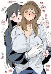 Rule 34 | 2girls, black hair, blue jacket, breasts, brown hair, commentary request, gloves, grabbing, grabbing another&#039;s breast, grabbing from behind, green eyes, heart, hickey, highres, jacket, kagaya (oshiriudon), large breasts, long hair, long sleeves, mole, mole on cheek, mole on forehead, mole under eye, multiple girls, open mouth, original, parted lips, simple background, spoken heart, sweat, white background, white gloves