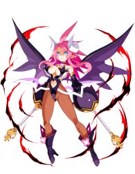 Rule 34 | alternate costume, breasts, bright pupils, bursting breasts, choker, cleavage, cosplay, curled horns, disgaea, disgaea rpg, dual wielding, full body, grin, highres, holding, horns, huge breasts, large breasts, leotard, looking at viewer, maou prier, maou prier (cosplay), navel, non-web source, official alternate costume, official art, pink hair, pointy ears, prier, revealing clothes, slit pupils, smile, solo, tachi-e, transparent background, vulcanus (disgaea 4), wide sleeves, wings