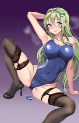 Rule 34 | 1girl, absurdres, amagi (amagi626), armpits, blue eyes, blue one-piece swimsuit, breasts, cleavage, competition swimsuit, covered navel, frog hair ornament, garter straps, green hair, hair ornament, hair tubes, high heels, highres, kochiya sanae, large breasts, legwear garter, lingerie, long hair, one-piece swimsuit, purple background, pussy juice, pussy juice trail, single sidelock, snake hair ornament, solo, steaming body, swimsuit, thighhighs, touhou, underwear