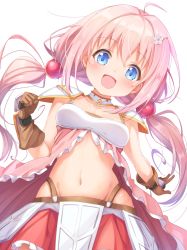 1girl :d armor blue_eyes blush breasts brown_gloves collarbone commentary_request endro! female_focus flower frilled_skirt frills gloves hair_between_eyes hair_flower hair_ornament hairclip head_tilt long_hair looking_at_viewer low_twintails matokechi navel open_mouth pauldrons pink_hair red_skirt shoulder_armor simple_background skirt small_breasts smile solo twintails very_long_hair white_background white_flower yuria_shardet