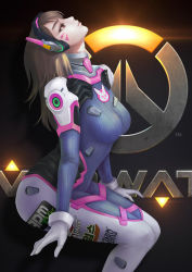 Rule 34 | 1girl, absurdres, bad id, bad pixiv id, blizzard (company), bodysuit, breasts, brown eyes, brown hair, clothes writing, copyright name, cowboy shot, d.va (overwatch), dark background, emblem, facepaint, facial mark, glint, gloves, headphones, highres, huntungg, jpeg artifacts, legs together, lips, logo, long hair, looking up, medium breasts, meka (overwatch), nose, overwatch, overwatch 1, pilot suit, profile, sitting, solo, swept bangs, whisker markings, white gloves