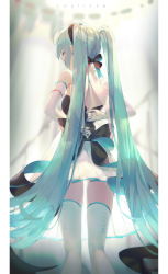 Rule 34 | 1girl, arms behind back, bow, covered mouth, elbow gloves, eyelashes, from behind, glint, gloves, green hair, hair bow, hairband, hatsune miku, highres, long hair, miku symphony (vocaloid), skirt, solo, standing, sul ( 20sub), thighhighs, twintails, very long hair, vocaloid, white thighhighs