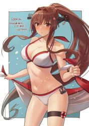 Rule 34 | 1girl, bikini, blush, breasts, brown hair, cleavage, collarbone, commission, hair intakes, headgear, highres, holding sarong, kantai collection, large breasts, long hair, looking at viewer, navel, official alternate costume, outside border, parted lips, red bikini, red eyes, second-party source, sidelocks, skeb commission, solo, swimsuit, tantaka, thigh strap, two-tone bikini, very long hair, white bikini, yamato (kancolle)