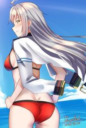Rule 34 | 1girl, ahoge, alternate costume, ass, back, bad id, bad twitter id, beach, bikini, blue sky, blush, breasts, butt crack, closed mouth, cloud, dated, day, facial scar, from behind, gangut (kancolle), gangut dva (kancolle), hair between eyes, hands on own hips, jacket, kantai collection, light smile, long hair, long sleeves, looking at viewer, looking back, medium breasts, ocean, off shoulder, one-hour drawing challenge, outdoors, pallad, red bikini, scar, scar on cheek, scar on face, signature, silver hair, sky, smile, solo, swimsuit, thighs, white jacket
