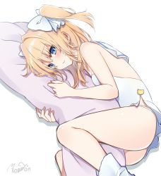 Rule 34 | 1girl, ass, bare arms, bare shoulders, blonde hair, blue eyes, blush, bow, breasts, closed mouth, commentary request, copyright request, dakimakura (object), dress, fingernails, hair between eyes, hair bow, long hair, looking at viewer, lying, minamoto mamechichi, hugging object, on side, panties, pillow, pillow hug, sailor collar, sidelocks, signature, small breasts, solo, strapless, strapless dress, two side up, underwear, white background, white bow, white dress, white legwear, white panties, white sailor collar
