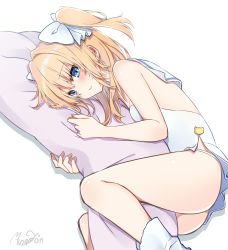 1girl ass bare_arms bare_shoulders blonde_hair blue_eyes blush bow breasts closed_mouth commentary_request copyright_request dakimakura_(object) dress female_focus fingernails hair_between_eyes hair_bow hugging_object long_hair looking_at_viewer lying minamoto_mamechichi on_side panties pillow pillow_hug sailor_collar sidelocks signature small_breasts solo strapless strapless_dress two_side_up underwear white_background white_bow white_dress white_legwear white_panties white_sailor_collar