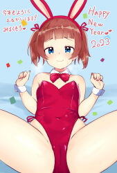 Rule 34 | 1girl, 2023, animal ears, bare legs, blue eyes, bow, bowtie, brown hair, cameltoe, commentary request, cowboy shot, detached collar, fake animal ears, happy new year, highres, leotard, milkmochi, new year, original, playboy bunny, rabbit ears, red bow, red bowtie, red leotard, short hair, solo, spread legs, strapless, strapless leotard, twintails, wrist cuffs