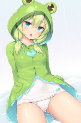 Rule 34 | 1girl, animal costume, animal hood, animal print, arms behind back, bare legs, blue eyes, coat, frog costume, frog hood, frog print, frog raincoat, green coat, green hair, hair ornament, hood, hood up, hooded coat, kaeru (sasaame), looking at viewer, one-piece swimsuit, open mouth, original, pocket, puddle, rain, raincoat, sasaame, school swimsuit, simple background, sitting, solo, swimsuit, triangle mouth, twintails, water, wet, wet clothes, white one-piece swimsuit