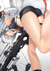 Rule 34 | 1girl, animal ears, arknights, arrow (projectile), ass, bare shoulders, black gloves, black shirt, black shorts, bow (weapon), breasts, cat ears, coat, compound bow, crop top, from behind, gloves, grey hair, highres, holding, large breasts, leg up, long hair, long sleeves, looking at viewer, midriff, off shoulder, open clothes, open coat, open mouth, ponytail, schwarz (arknights), scope, shimotsuki shio, shirt, short shorts, shorts, single glove, sleeveless, sleeveless shirt, solo, thigh strap, thighs, v-shaped eyebrows, weapon, white coat, yellow eyes