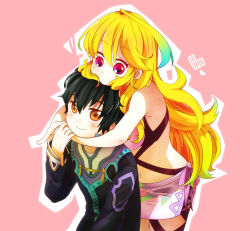 Rule 34 | 1boy, 1girl, black hair, blonde hair, cheeseko, jude mathis, long hair, milla maxwell, purple eyes, smile, tales of (series), tales of xillia, yellow eyes