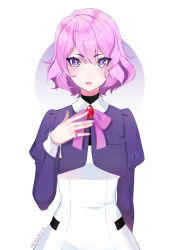 Rule 34 | 1girl, blush, bow, bowtie, brooch, creatures (company), cropped jacket, dress, espeon, game freak, gem, gen 2 pokemon, hand on own chest, humanization, image sample, jacket, jewelry, long sleeves, moochirin, nintendo, parted lips, pink bow, pink bowtie, pink hair, pink lips, pocket, pokemon, purple eyes, purple jacket, red gemstone, ring, short hair, simple background, solo, tsurime, upper body, white background, white dress