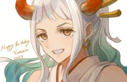 1girl 2023 aqua_hair aya_0nepiece blush close-up commentary_request dated hair_ornament happy_birthday horns japanese_clothes kimono one_piece orange_eyes ponytail sidelocks simple_background sleeveless sleeveless_kimono smile solo v-shaped_eyebrows white_background white_hair white_kimono yamato_(one_piece)