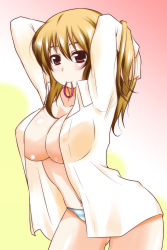 Rule 34 | 1girl, adjusting hair, breasts, brown hair, highres, large breasts, long hair, looking at viewer, mouth hold, nishi koutarou, no bra, open clothes, open shirt, original, panties, pink eyes, shirt, smile, solo, striped clothes, striped panties, thighs, underwear